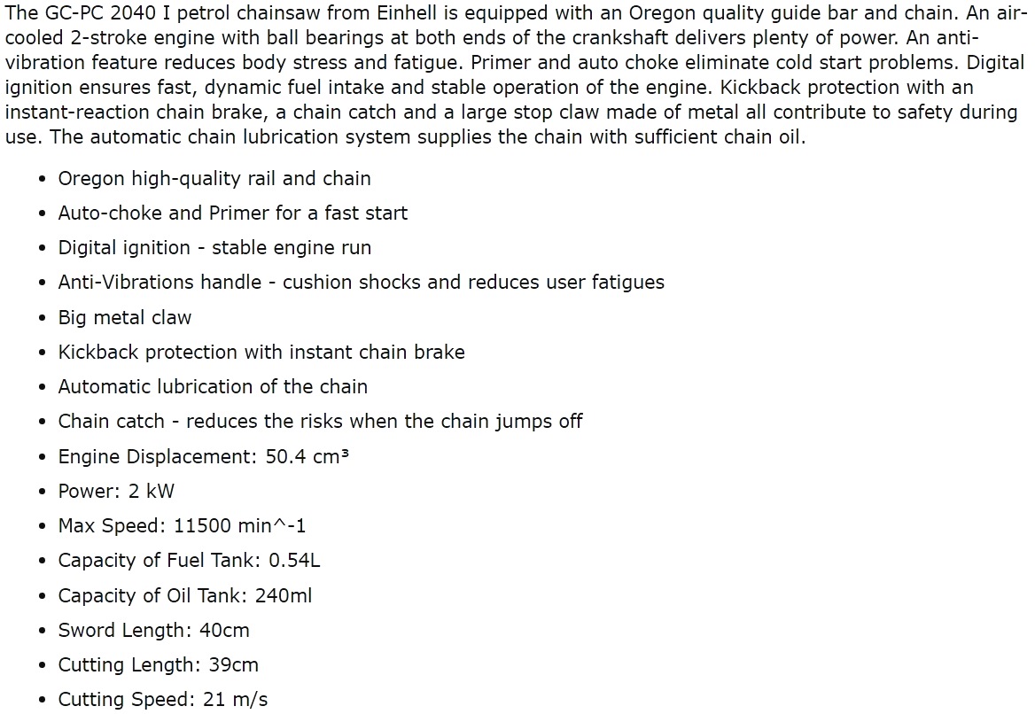 מסור שרשרת מקצועי 50CC היינל EINHELL GC-PC 2040 I TEXT